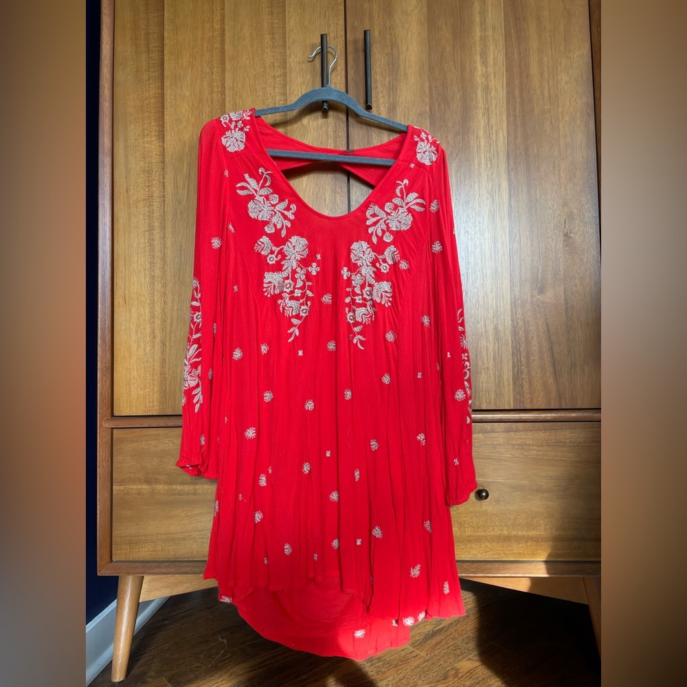 Free People Vibrant Red Long Sleeve Mini Dress